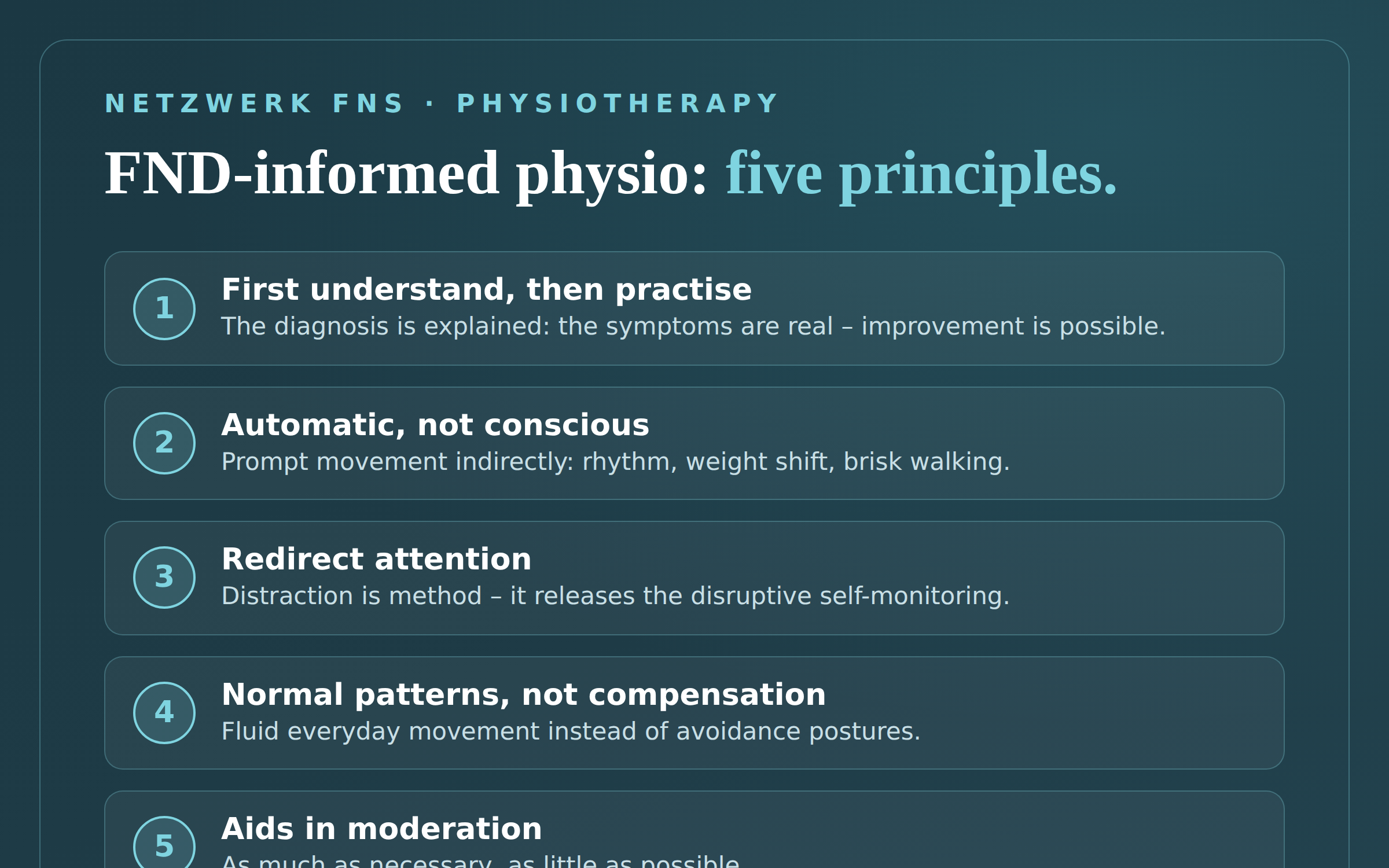 FND-informed physiotherapy – five principles: first understand, automatic not conscious, redirect attention, normal patterns not compensation, aids in moderation.